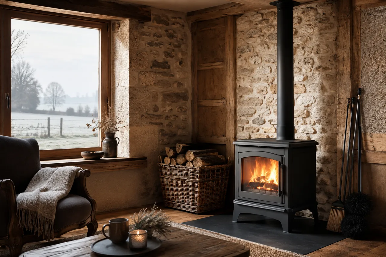 Poêle à bois ramoné dans une maison de l'Ain, ambiance chaleureuse et chauffage sûr