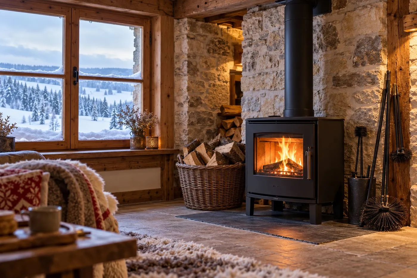 Poêle à bois ramoné dans une ferme du Doubs, ambiance chaleureuse et chauffage sûr face au grand froid