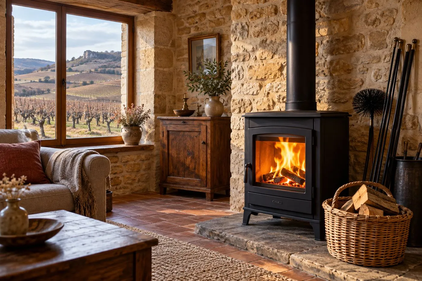 Poêle à bois ramoné dans une maison en pierre de Saône-et-Loire, ambiance chaleureuse et chauffage sûr
