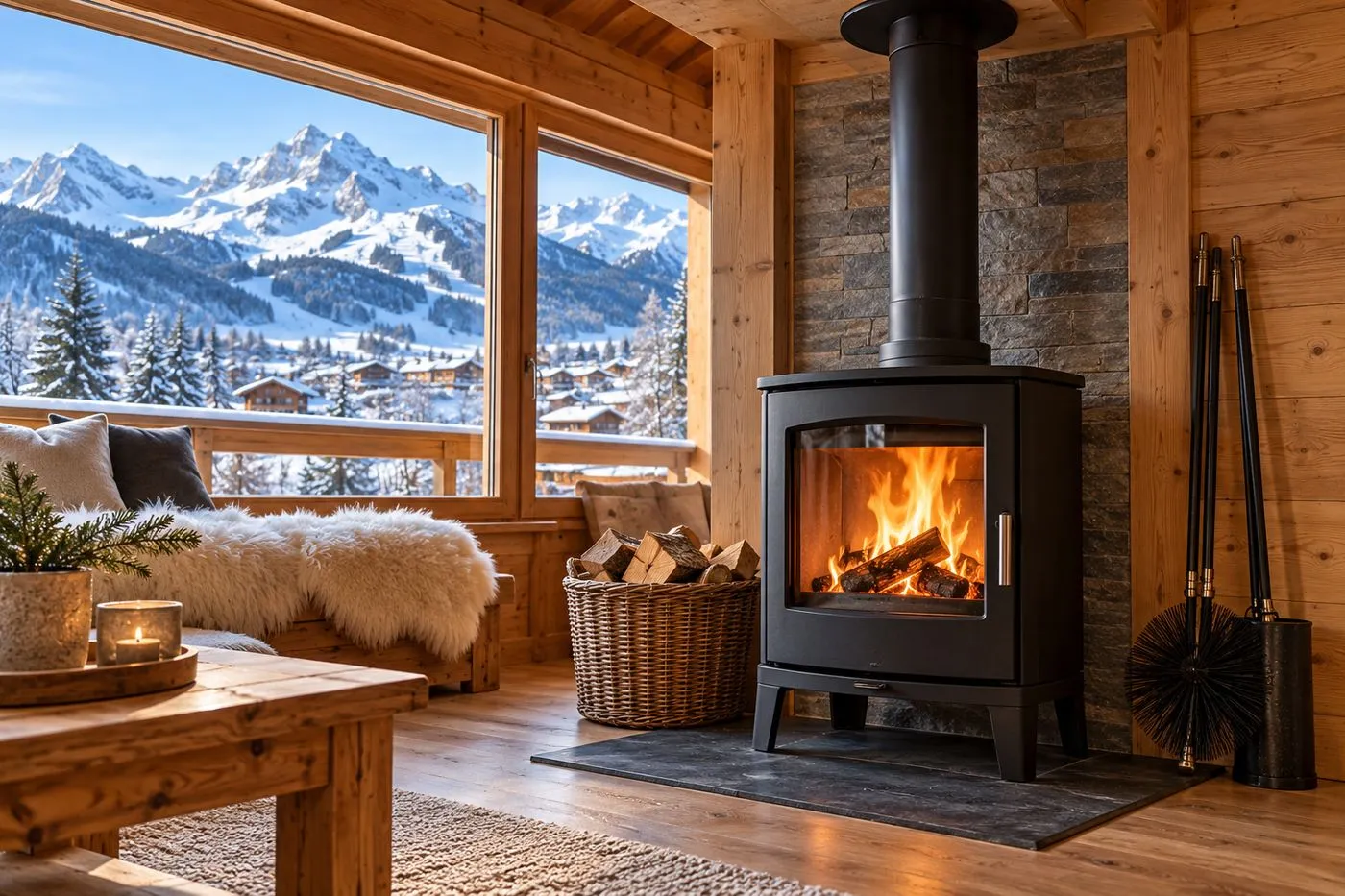 Poêle à bois ramoné dans un chalet de Savoie, ambiance chaleureuse et chauffage sûr