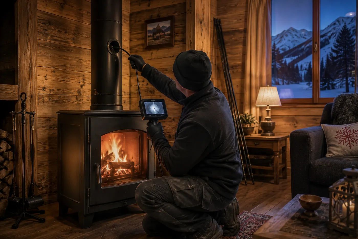 Ramoneur inspectant un poêle à bois en Haute-Savoie, conseil adapté à chaque installation